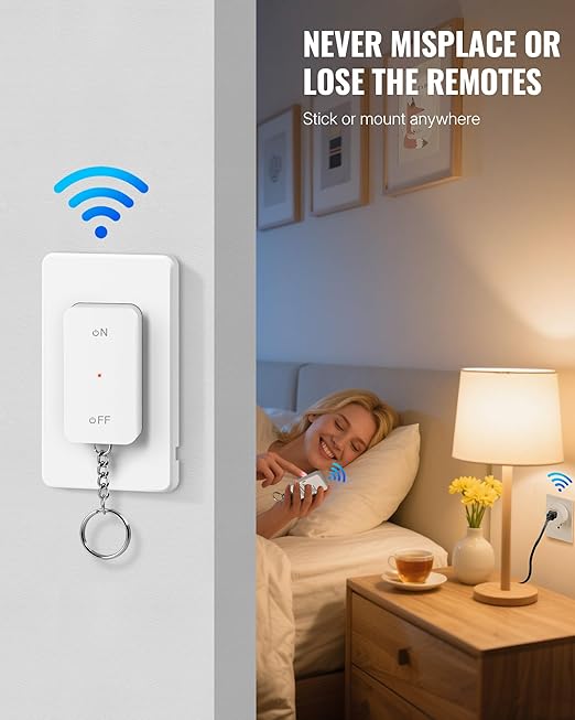 Remote Control Outlet Wireless Wall Mounted Light Switch, Wireless On Off Remote Outlet Switch with Magnetic Base, 100ft RF Range, 15A/1875W, Two Switches for One 0utlet W09RC2106