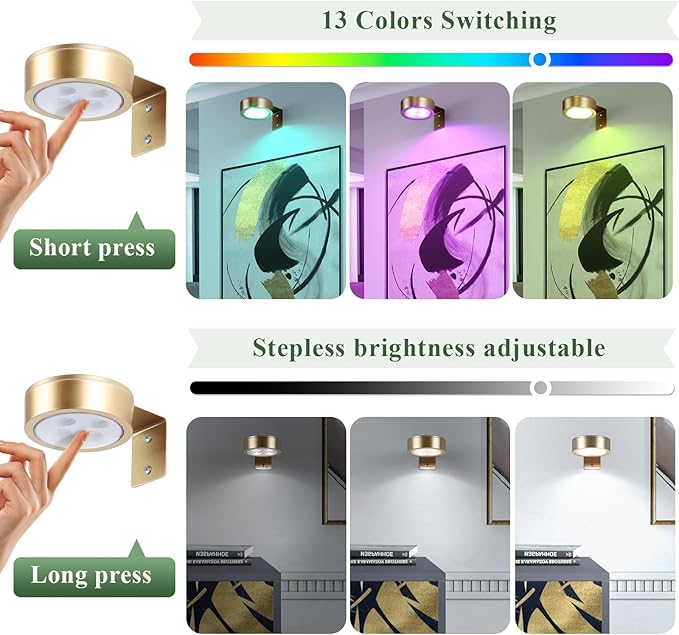 4-Pack Picture Light Battery Operated Painting Lights, 13 Color RGB Magnetic LED Display Art Light with Remote, Dimmable and Timer Portrait Light for Art Frame Artworking, Wall Decor Puck Light, Gold