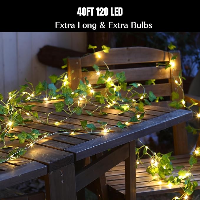 2 Pack Vines with Fairy Lights 40ft 120 LED Ivy String Lights USB Plugin & Battery Operated Leaf Lights with Timer 8 Modes Remote Decorative Light for Bedroom Wedding Party - Warm White