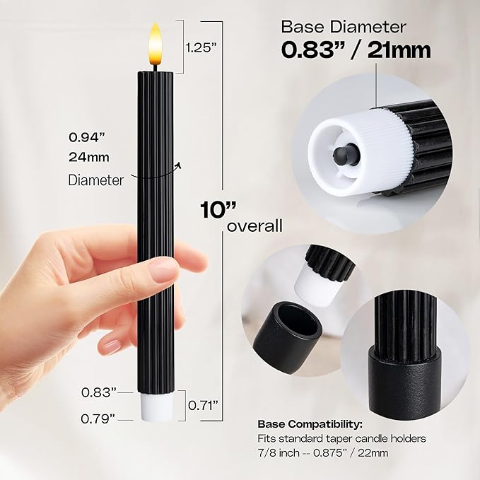 WYZworks 10" Fluted Ribbed LED Black Grooved Pillar Candles, Remote & 24h Timer Memory, On/Off Switch - Flameless Dimmable Battery Operated w/Flicker Mode, Home Wedding Decor (12 Pack)