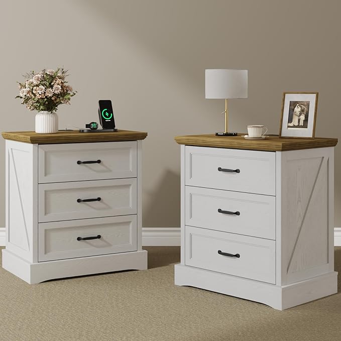 NightStand Set of 2 with Charging Station, Farmhouse 23.6" W Bedside Table with 4 Drawers, Night Stand for Bedroom, Home Office, White & Brown