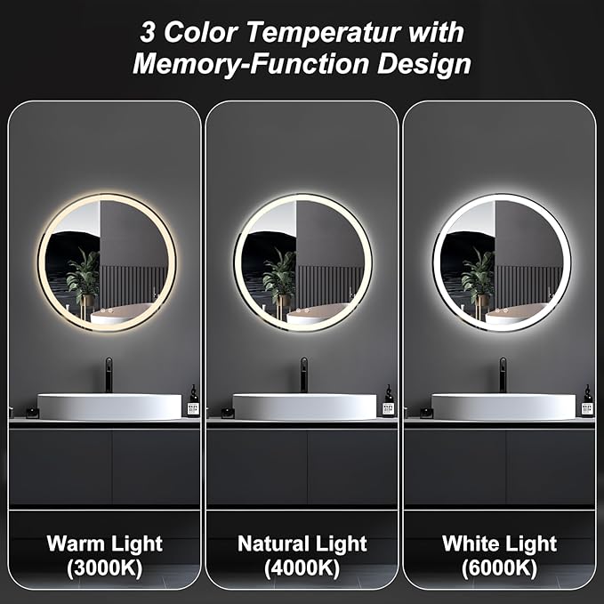 Sweetcrispy 28 Inch Round LED Bathroom Mirror with Lights, Circle Vanity Mirror with Anti-Fog, Dimmable, 3-Color Light, Memory Function, Tempered Glass