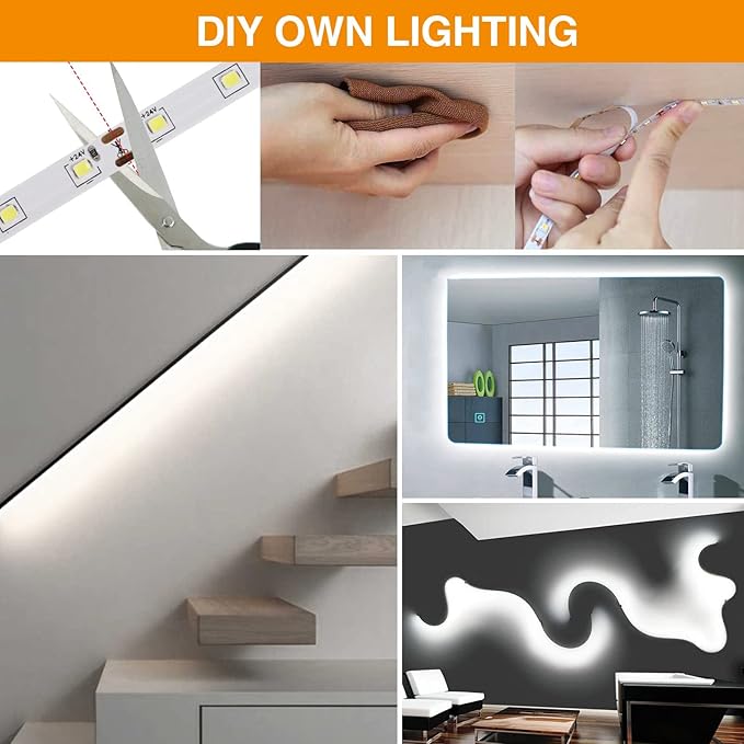 CT CAPETRONIX White LED Strip Light, 16.4 Feet 24 Volt LED Light Strip White, 6000K-6500K Daylight Super Bright LED Tape Light for Bedroom, Kitchen, Closet, Cabinet, Mirror, Indoor（Dimmer Included）