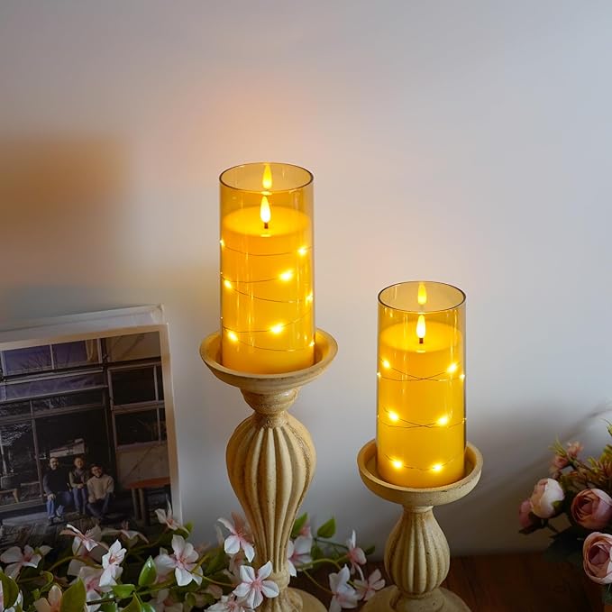 Amber Flickering Flameless Candles with Remote Timer, 6 pcs LED Battery Operated Candles with String Lights, Same Size D3 H6