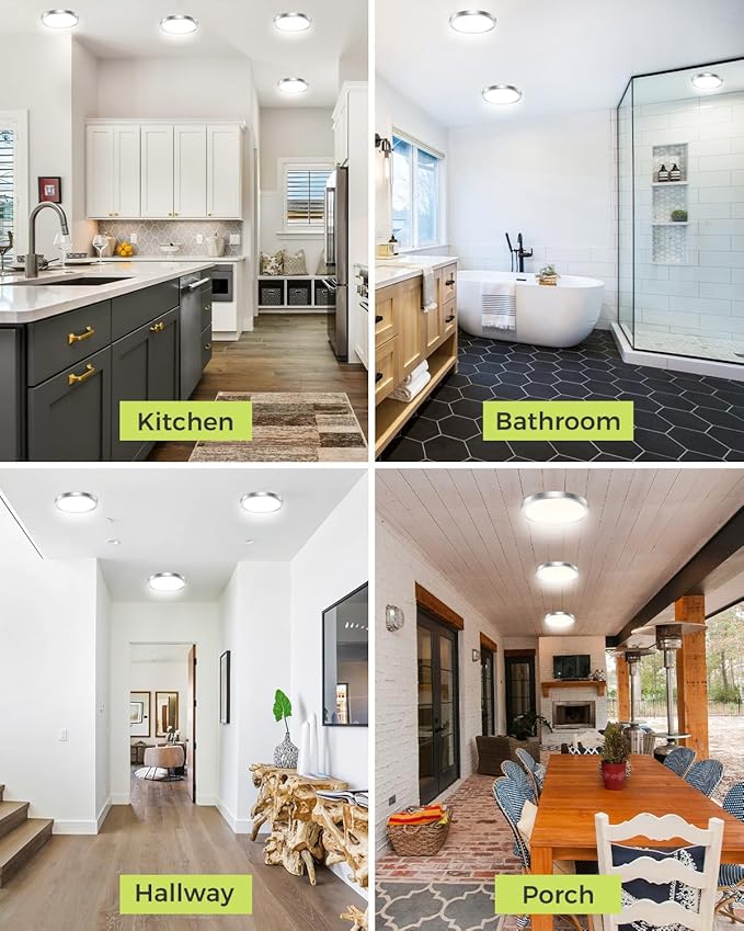 6PACK LED Flush Mount Ceiling Light, 3CCT Selectable 3000K-4000K-6500K & 100W Equivalent Modern Kitchen Recessed Ceiling Lamp 15W 1500Lm 7.5 Inch for Bathroom Closet Laundry Bedroom