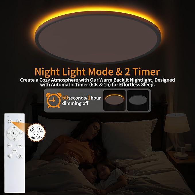 Flush Mount Ceiling Light with Night Light, 15in LED Ceiling Lights with Remote Control, 1800K Nightlights & 3000-6500K Dimmable Lamp Fixture, 36W 3600LM Low Profile for Bedroom, White