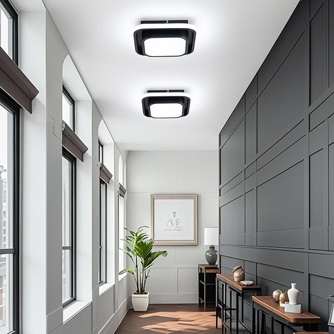 Hallway Light Square Modern Ceiling Light Fixture, 12IN Modern Ceiling Lamp 6000K LED Ceiling Light Black Ceiling Lighting for Living Room, Balcony Bedroom