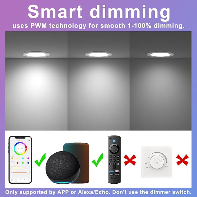 Smart Recessed Lighting 4 Inch RGBCW Color Changing 12W LED Downlight with Junction Box,1080 Lumen Recessed Ceiling Light Compatible with Alexa,Dimmable by Bluetooth Control -1Pack