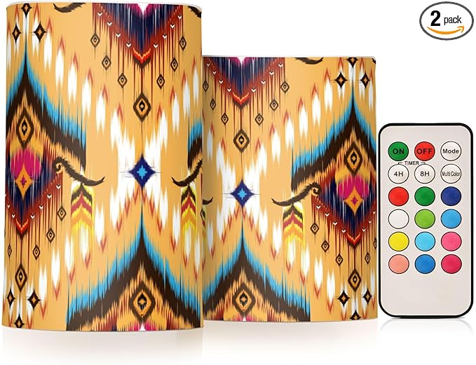 YETTASBIN Aztec Navajo Flameless Candles with Remote Control and Timer, Adjustable Brightness Long Lasting Battery Operated LED Pillar Candles for Indoor Outdoor Party Holiday Home Decor, 2 Pack
