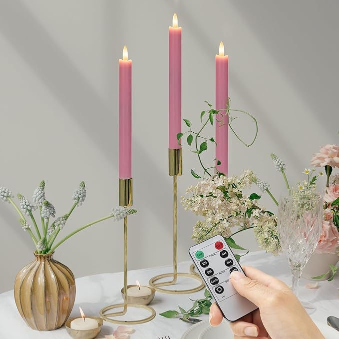 Pink Flameless Taper Candles with Remote, Real Wax Battery Operated LED Candles with 3D Flickering Flame, 9.6" Realistic Dripless Candlesticks for Valentine's Day Decor, Proposal Wedding, 3 Pack