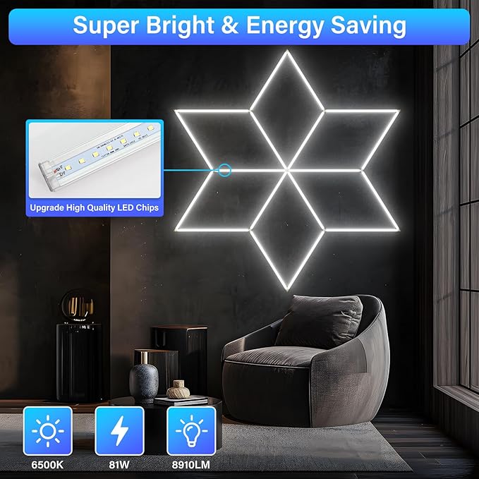 Hexagon LED Lights - Super Bright 8910LM Hex Lights - 6500K Cool White Aluminum Garage Lighting for Workshop, Shop Lights, Home Gym, Basement, Studio & Warehouse