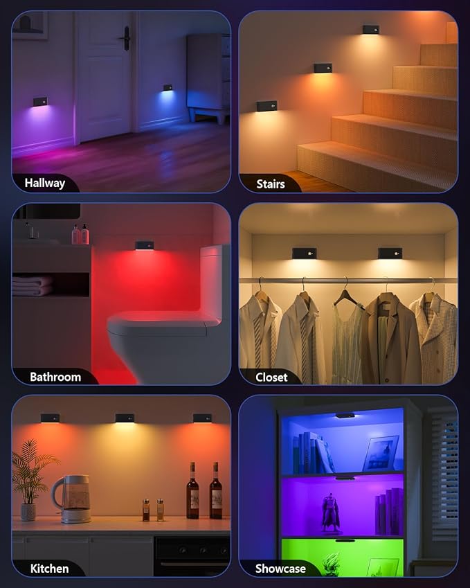 WILLED Rechargeable Night Light, RGB & Warm White Stair Lights Indoor, Color Changing Motion Sensor Light Indoor, Motion Sensor Night Light for Stair,Hallway,Bathroom,Cabinet,Closet,Kitchen,6 Pack