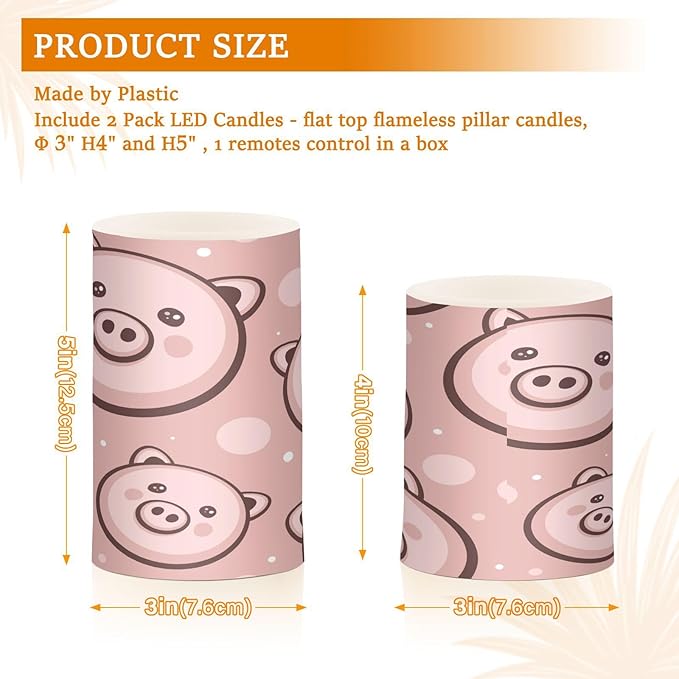 Cute Pigs Flameless Candles Color Changing LED Candles with Remote Control Battery Candles for Outdoor and Indoor Home and Room Decoration, 3'' x 4''/5'' Set of 2 Pieces