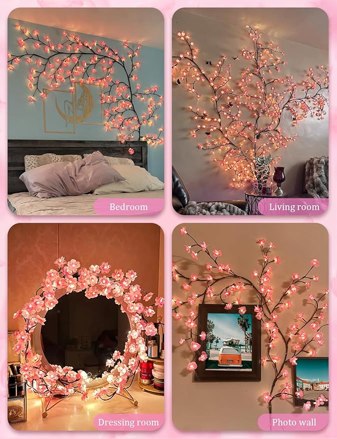 Cherry Blossom Lights for Room Decor Aesthetic,7.55 FT DIY Pink Cherry Blossom Wall Decor with 144 LED Flower Lights,Remote Timer,8 Lighting Modes,Blossom Tree Branch Lights,Vine Lights for Bedroom