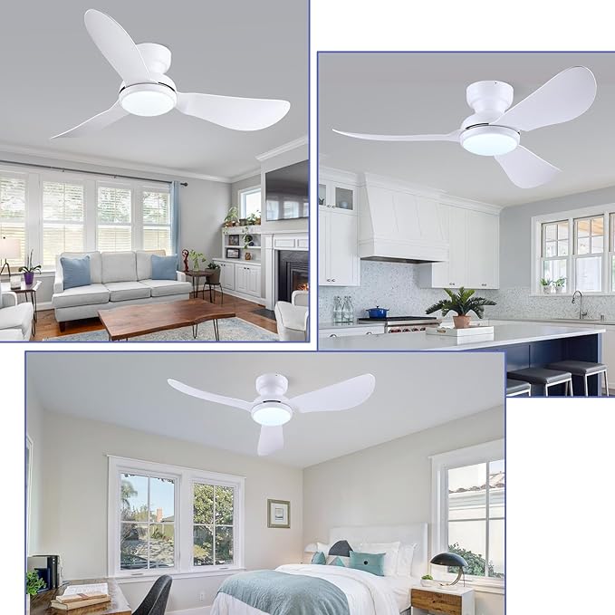 46 Inch Ceiling Fans with Lights, Small Flush Mount Ceiling Fan, Remote/APP Control, 3 Reversible Curved Blades, 6 Speeds, 3 CCT Dimmable Lights for Bedroom, White
