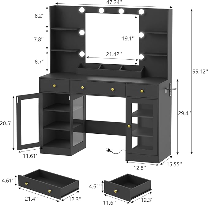 Vanity Desk with Mirror and Lights, Large Makeup Vanity Set with Power Outlet & RGB Glass Cabinet, 3 Drawers, Black Vanity Mirror with Lights Dressing Table for Girls Women, 3 Color Modes