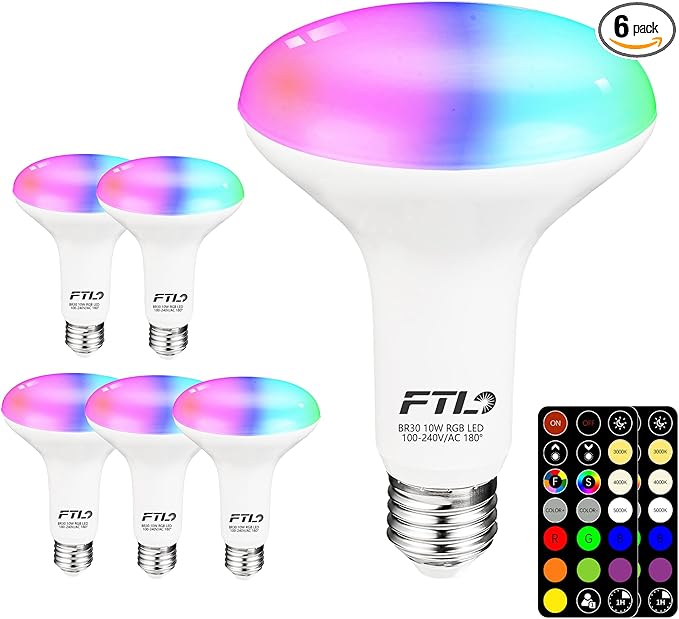 FTL BR30 LED Color Changing Light Bulbs with Remote Control, 10W Dimmable Led Flood Light 65W Equivalent, 2700K-6000K, 30 Colors RGB Colored Light Bulbs, Timer, for Recessed Can Lighting, 6-Pack