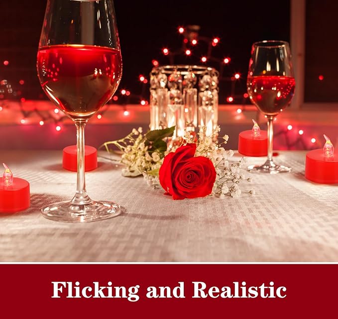 KOABY 12 Pack Red Light Non-Flickering Flameless Tea Lights, Red Base, Last 100H+, Battery Operated Tea Lights for Décor