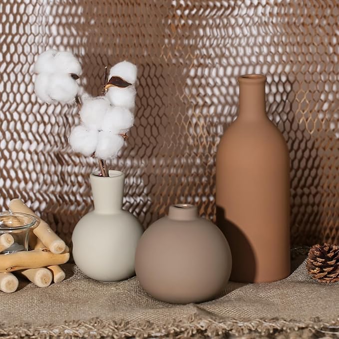 Ceramic Vase - Handmade Pottery Neutral Tone Home Decor for Floral Arrangements, Table Mantel Tray Decor - Modern Farmhouse Vases for Living Room Bedroom Kitchen Entryway (Multicolor-Brown, 3 PCS)