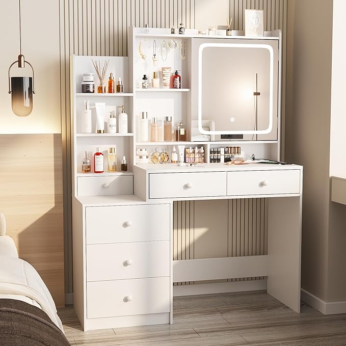 White Makeup Vanity with Led Mirror and Power Strip,Vanity Desk with Lots Drawers & Openable Mirror,3 Lighting Colors,Open Storage Shelves,Dressing Table for Bedroom