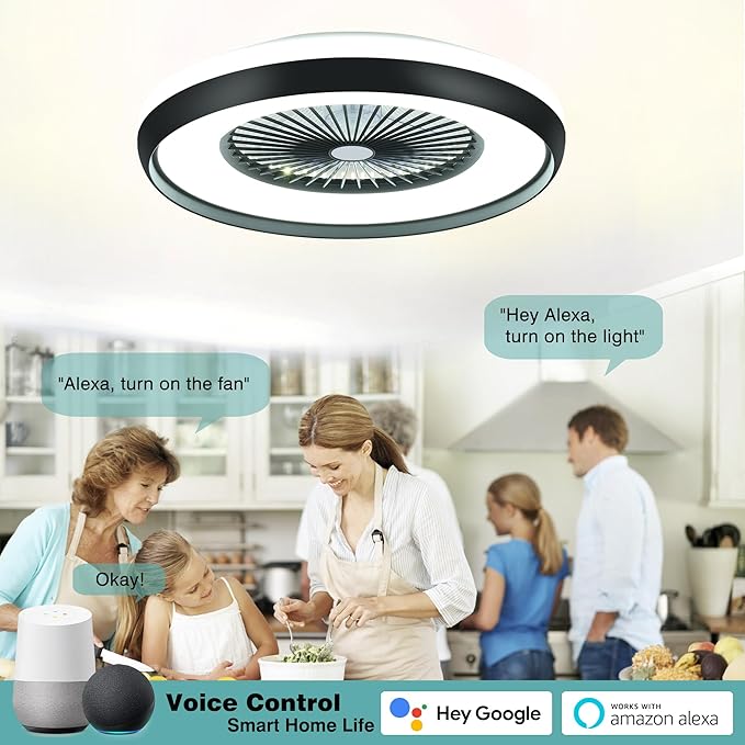 24" Bladeless Ceiling Fan with RGB Light Remote, Smart LED Ceiling Fans with Voice/App Control, Modern Low Profile Dimmable Light Ceiling Fan for Bedroom Living Room