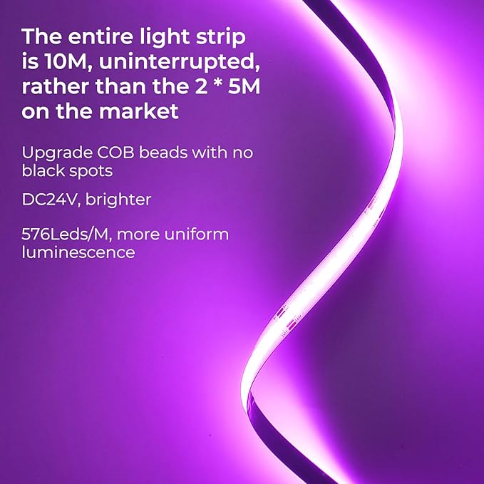 Sumaote RGB COB LED Strip Light 32.8ft, 5760 LEDs,10mm Width 24V Smart Flexible Tape Light APP&Remote Control, Color Changing LED Strip Lights for Room, TV Backlight