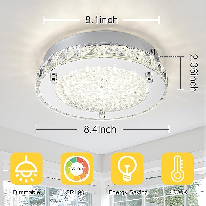 Flush Mount Crystal Ceiling Light Modernn Ceiling Mounted Light Hallway Light Fixtures LED 4000K Round Ceiling Light 8 Inch for Small Space, Bedroom, Foyer, Entryway, Bathoom, Kitchen