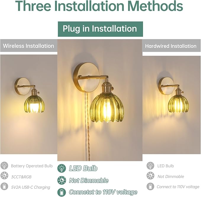 Plug in Wall Sconce, Green Tulip Glass Lampshade Wall Light Plugin Corded for Bedside Bedroom Doorway