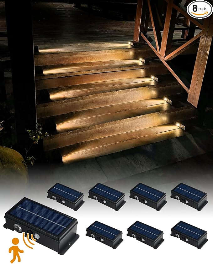 Solar Stair Lights Outdoor Waterproof Motion Sensor Solar Step Light 5 Modes for Stair, Step, Deck, Walkway, Pathway Warm White 8 Pack