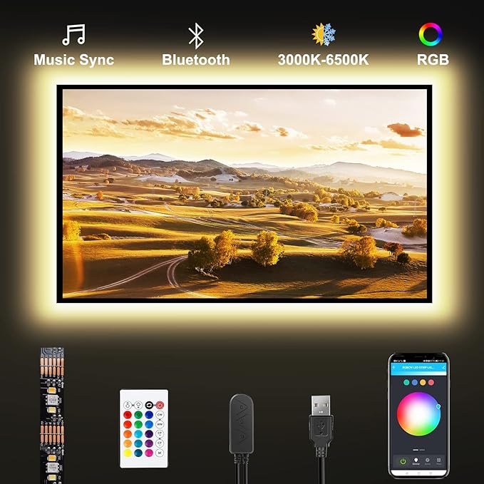 Bluetooth RGBWW LED Lights for 50-55 Inch TV With App Control, RGB+Tunable White 3000K-6500K Backlight With RF Remote, Music Sync Indoor for Gaming