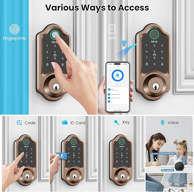 DEVO G8 Smart Lock with Doorbell - 6-in-1 Fingerprint Keyless Entry Deadbolt, Built-in Wi-Fi & APP Control, IP54 Waterproof Auto-Lock for Front Door Security, Easy Install (BHMA Certified)