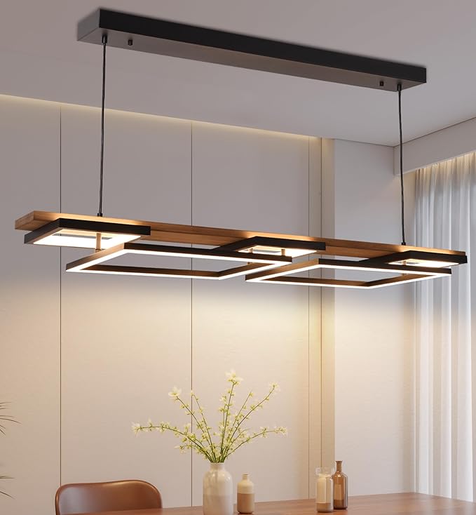 Vintage Wood LED Kitchen Island Light, 65W Stepless CCT Adjustable & Dimmable 47'' 2-Layer Wood Pendant Light Fixture with Remote, Ceiling Mounted Hanging Lamp for Dining Room, Bedroom，Black