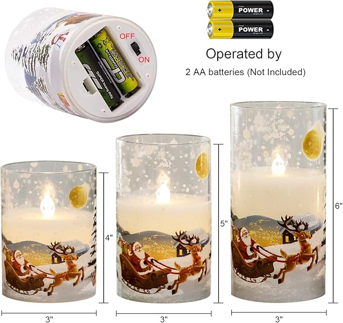 Wondise Santa Claus Glass Flameless Candles Remote and Timer, Battery Operated Real Wax LED Flickering Pillar Candles White Cold Light Window Christmas Holiday Decor D3 x H4, 5", 6"