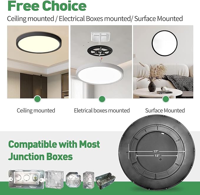 24 Inch Large LED Flush Mount Ceiling Light, 50W,5480LM, 3000K/4000K/6000K CCT Selectable, Black Round Flat Panel Low Profile Ceiling Light Fixtures for Hallway, Kitchen, Bedroom, Laundry Room