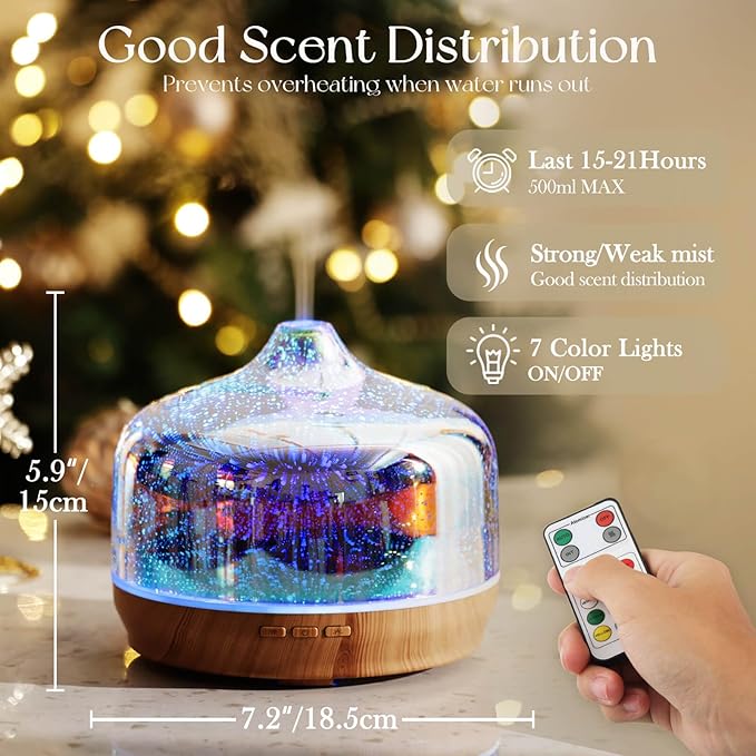 Porseme 500ml Glass Essential Oil Diffuser Aromatherapy Ultrasonic Cool Mist Humidifier 15-21 Running Hours Diffusers with Remote Control for Sleeping Yoga Working Spa(Silver
