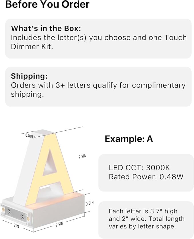 LED Magnetic Letter X, H 3.7" Light with Touch Control, White, Dimmable, Warm White 3000K