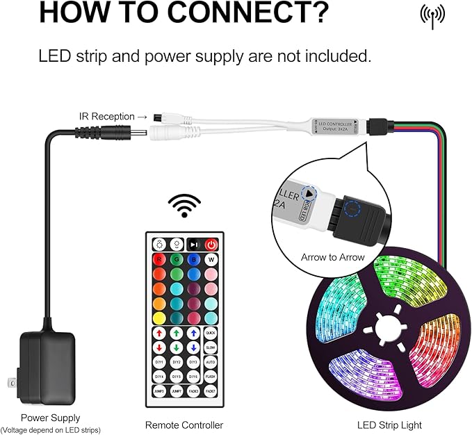44 Key LED Strip Light Remote Controller, IR Wireless Dimmer with 4-Pin Output for RGB 3528 5050 5630 LED Tape Lights, 12V/24V DC5-24V Power Supply Replacement Remote