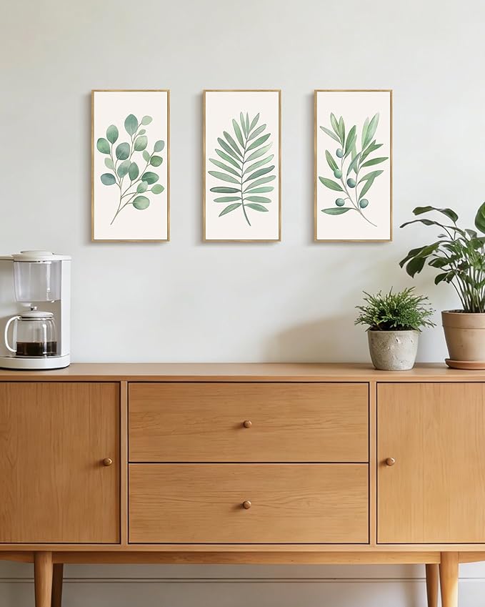 KUVIOKE Botanical Plant Wall Art Sage Eucalyptus Light Green Leaf Framed Wall Decor for Bedroom Living Room Bathroom Home Office Ready to Hang 8x10in3pcs Natural Framed