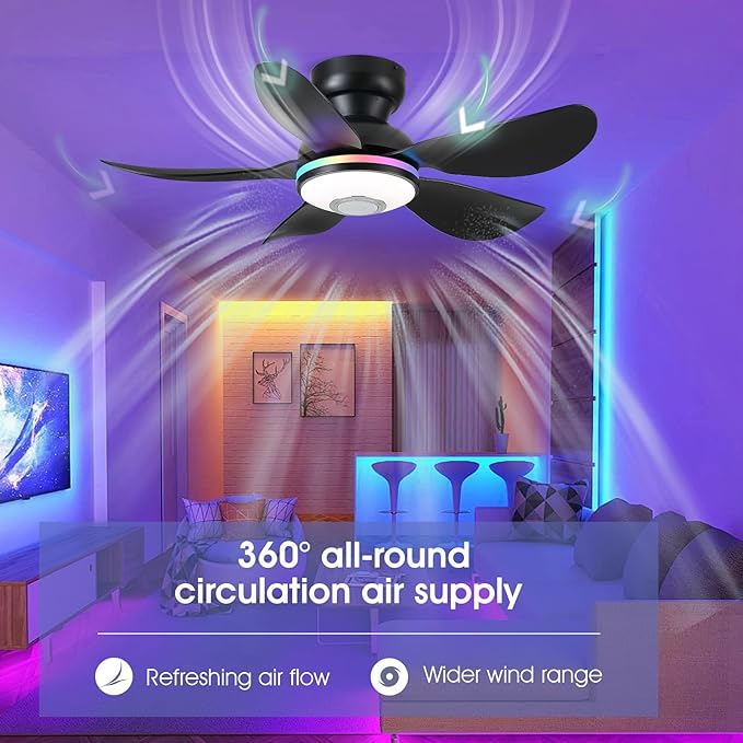 36" Ceiling Fans with RGB Lights Remote/APP Control, Small Ceiling Fan, 3 CCT Dimmable White Lights+RGB Ring Lights+Music Player, 5 Reversible Plastic Blades 6 Speeds for Kidsroom, Black