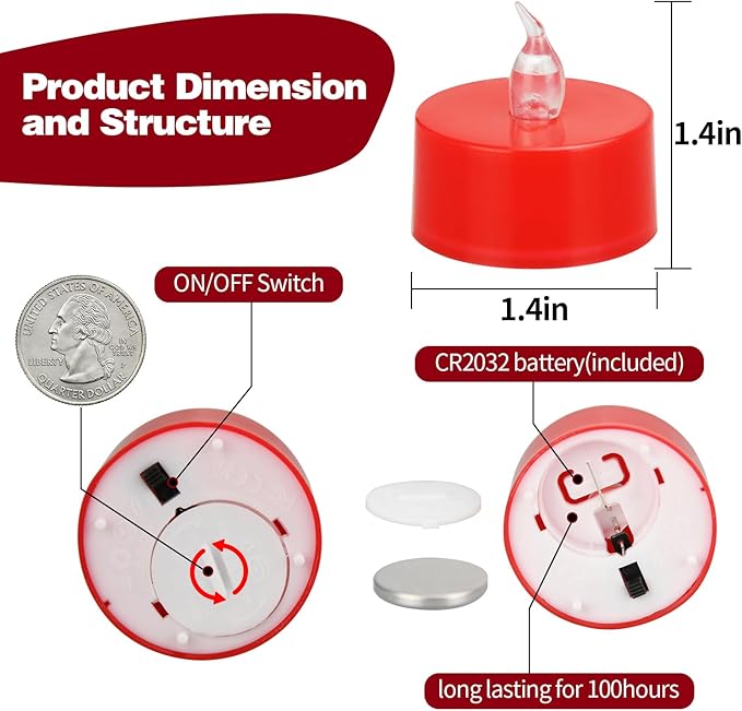 KOABY 12 Pack Red Light Non-Flickering Flameless Tea Lights, Red Base, Last 100H+, Battery Operated Tea Lights for Décor