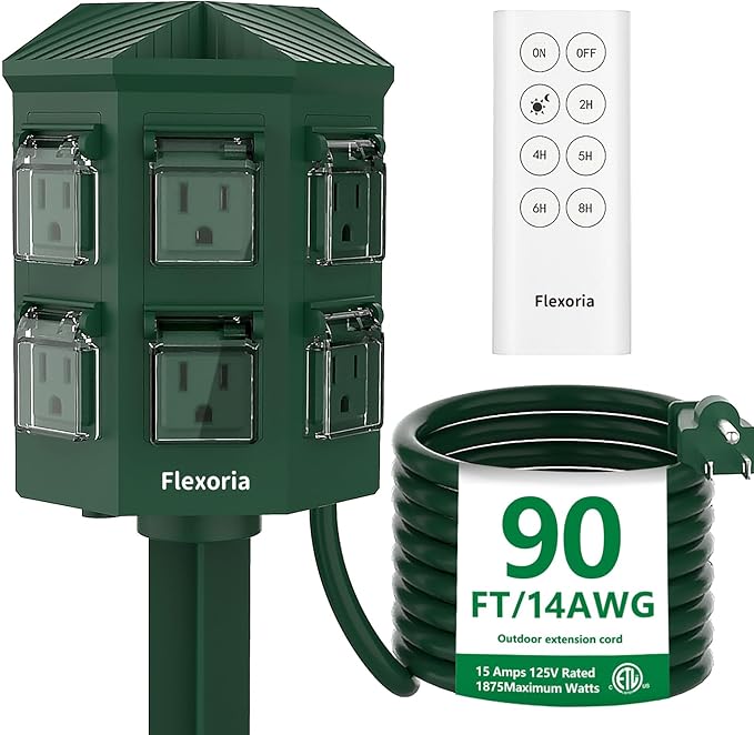 Outdoor Power Stake Timer, Remote Control Dusk to Dawn Light Timer, 90FT Extension Cord Waterproof, 6 Grounded Outlets for Graden and Yard Decorations, ETL Listed