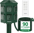 Outdoor Power Stake Timer, Remote Control Dusk to Dawn Light Timer, 90FT Extension Cord Waterproof, 6 Grounded Outlets for Graden and Yard Decorations, ETL Listed