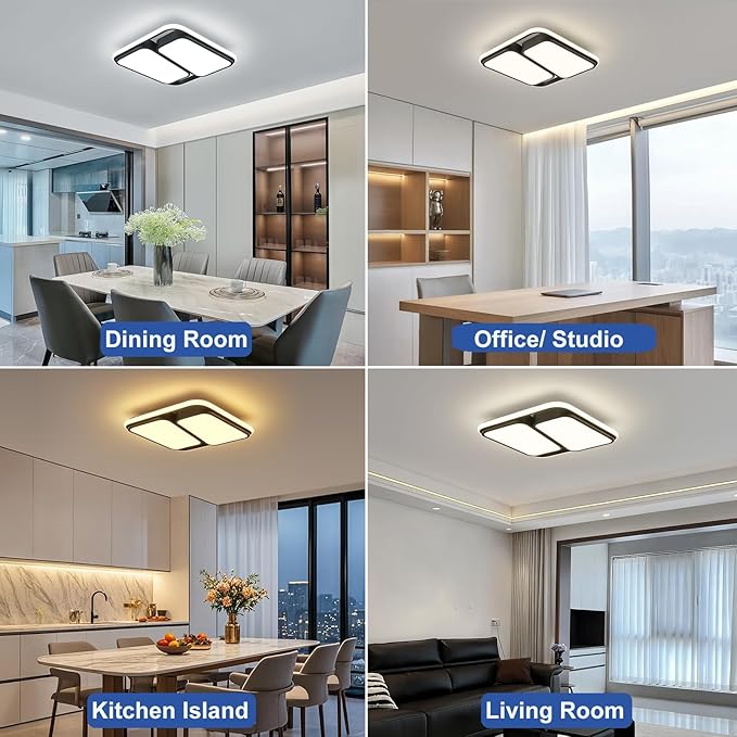 Modern LED Ceiling Light Fixture, 15.7 inch Dimmable Black Square Flush Mount Ceiling Lights with Remote, Bedroom Ceiling Lamp LED Chandelier for Kitchen Hallway Laundry Living Room, 60W