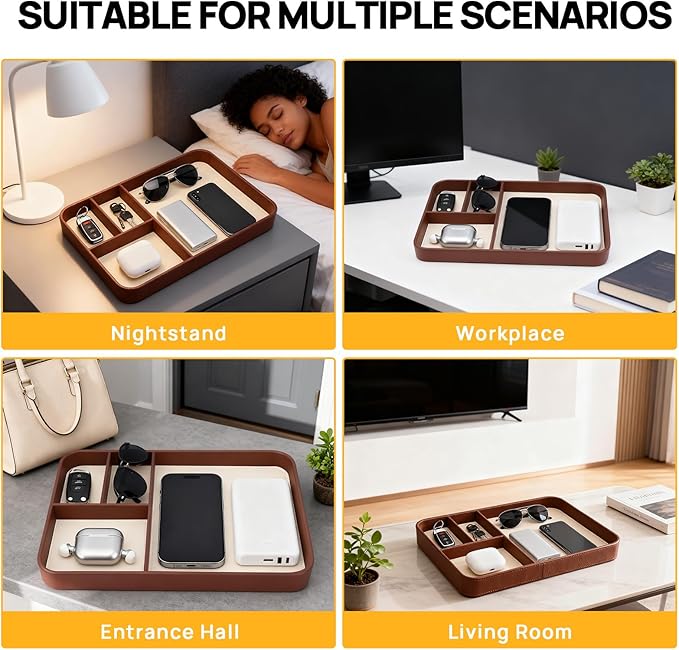 Leather Valet Tray, Stylish and Organized Multifunctional Tray, Nightstand & Desk Organizer, EDC Catchall for Keys Watch Jewelry Bedside Table Organizer