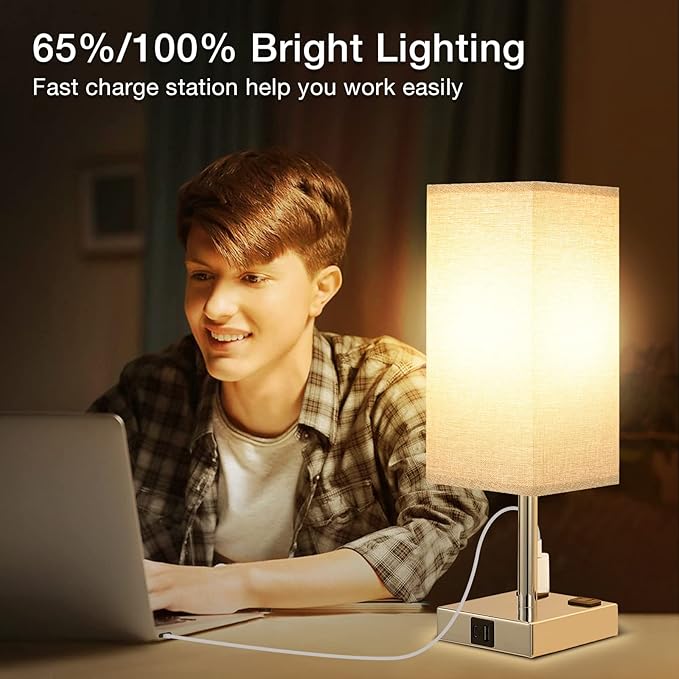 aooshine Gray Set of 2 Touch Lamp with USB Port-Nightstand Lamp with USB-C+A Charge Ports& AC Outlets, 3-Way Dimmable Bedside Lamp with Shade,Small Table Lamp for Bedroom Living Room(Bulb Included)