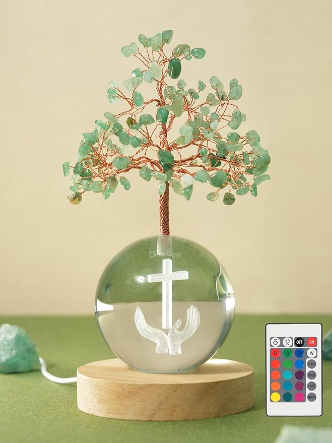 Crystal Tree of Life for Positive Energy, Chakra Healing Tree with Remote Control Multicolor Night Light for Home Decor, Office Desk Decor, Religious Gifts for Women Men (Cross & Hands)