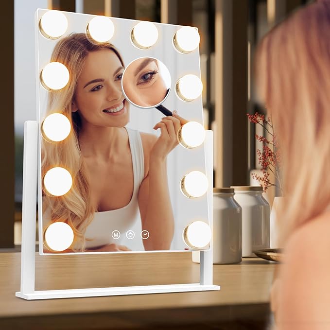 Vanity Mirror with Lights, Hollywood Lighted Makeup Mirror with 3 Color Lighting Modes and 12 Dimmable Bulbs, Detachable 5X Magnification, Smart Touch Control, 360°Rotation, White