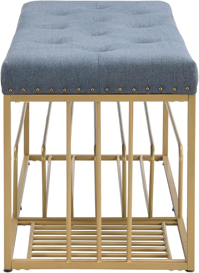 Upholstered Shoe Storage Bench-Nailhead Trim Linen Ottoman Bench with Shoes Rack for End of Bed Entryway Window Bedroom Living Mudroom Room,Blue
