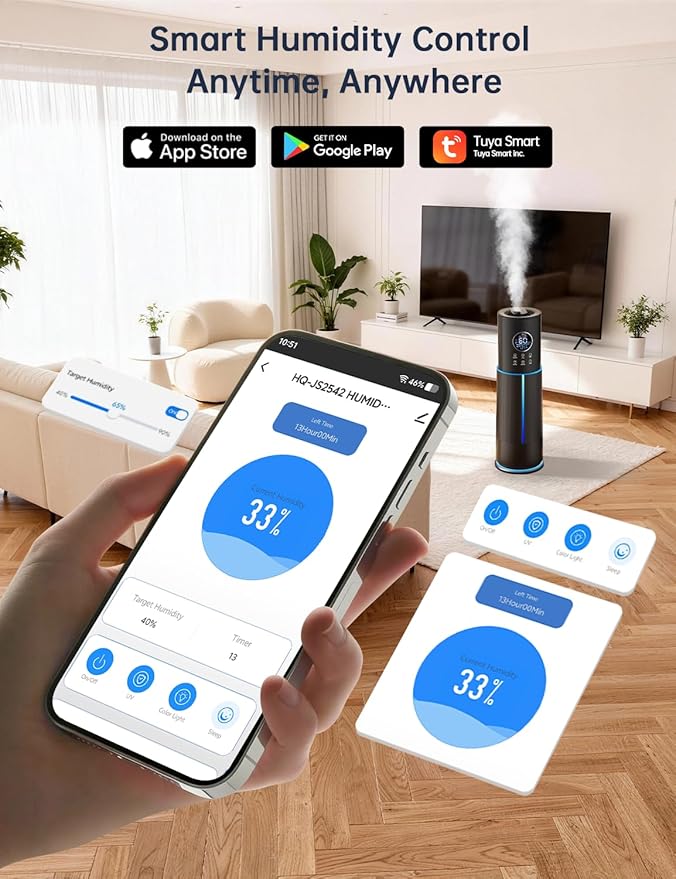 10L/2.64 Gal Humidifier for Large Room 600ft² 60H Runtime 24H Timer Auto Mode APP & Remote Control Top Fill Diffuser Aromatherapy 7 Color Lights Cool Mist Humidifier for Bedroom Home Office Plant