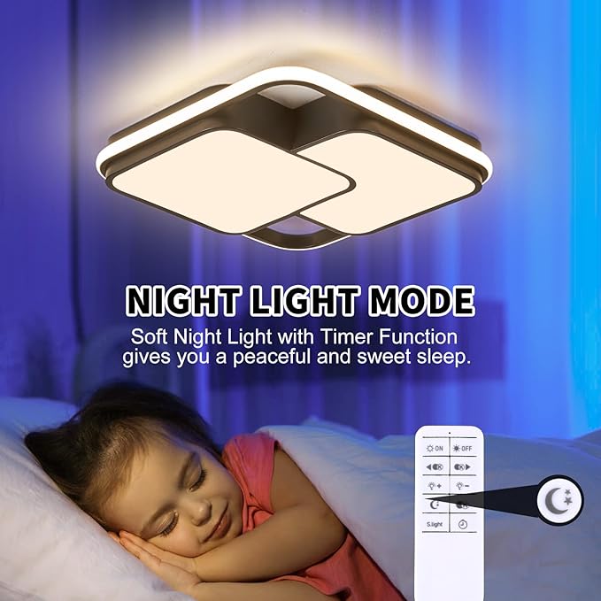 Modern LED Ceiling Light Fixture, 15.7in Dimmable Black Square Flush Mount Ceiling Lights with Remote, Bedroom Ceiling Lamp LED Chandelier for Living Room Kitchen Hallway Laundry, 60W